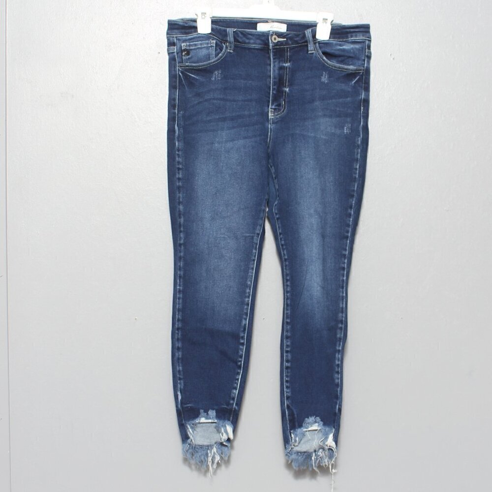 Kancan dark wash crop raw distressed hem stretch jeans